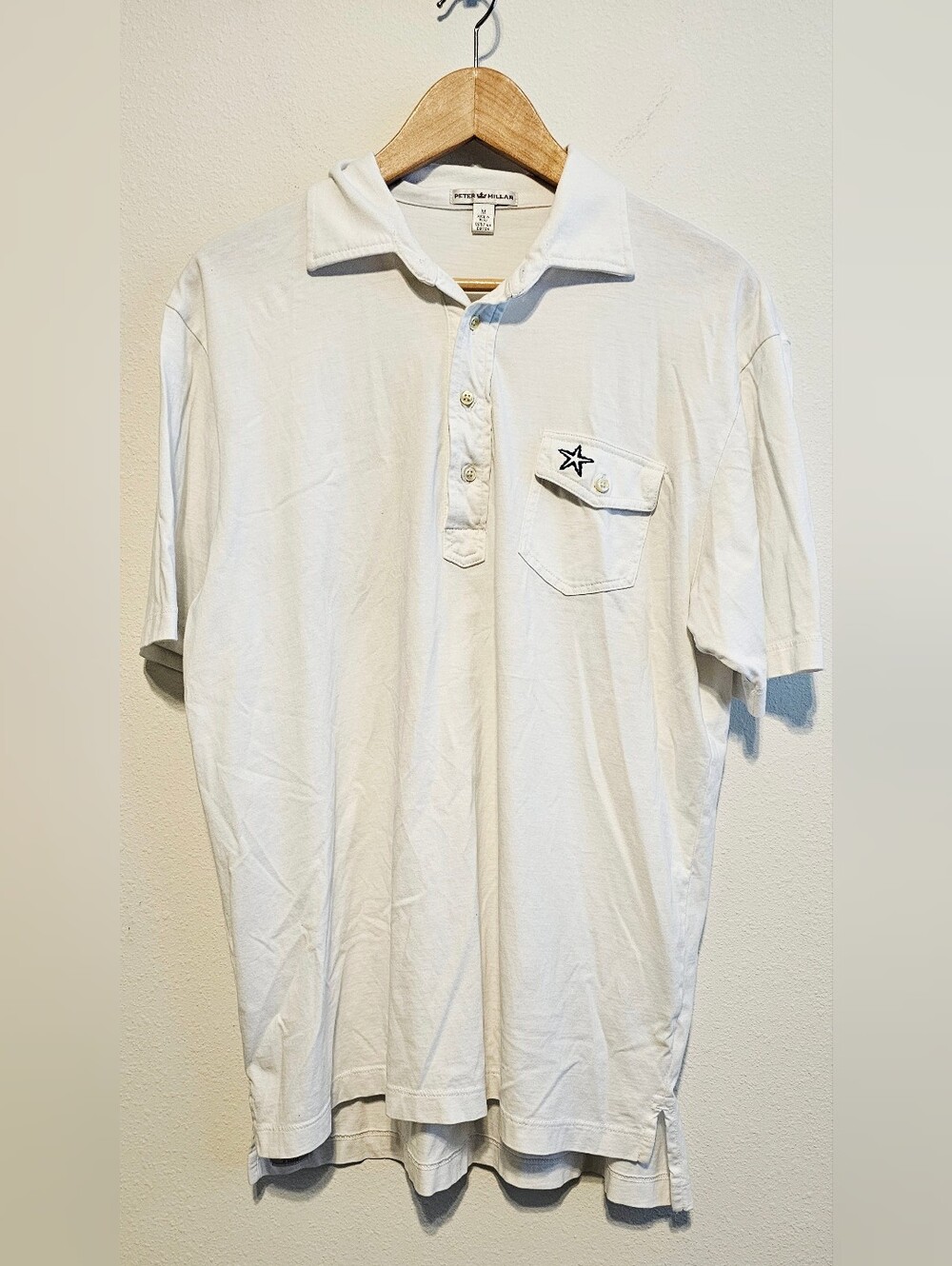 Peter Millar Mens Medium White Pima Cotton Short Sleeve Pocket Polo Shirt Star